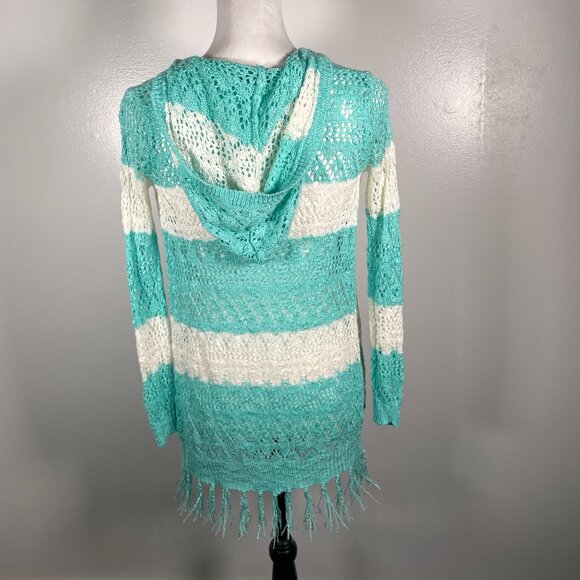 Heart N Crush Mint Green Ivory Hooded Open Weave 3/4 Sleeve Cardigan Sweater S - Picture 8 of 14